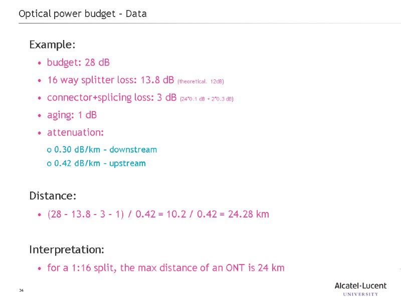 36 Optical power budget – Data Example: budget: 28 dB 16 way splitter loss: